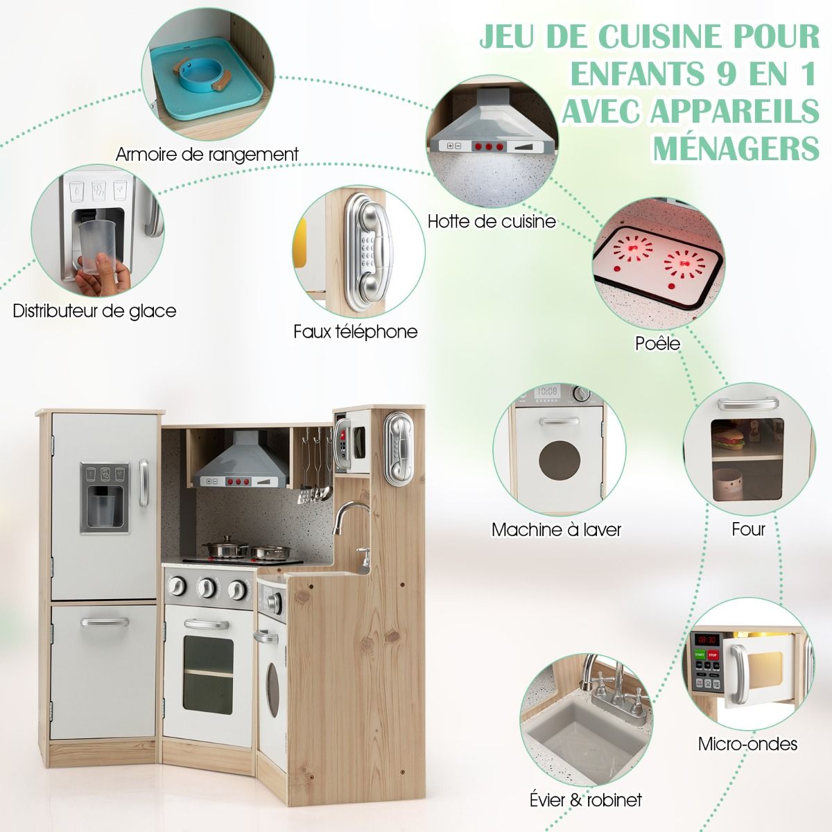 Cuisine Enfants en Bois XXL Angle 105 x 49 x 85 cm ( L x l x H ) Cuisine Complet avec Four Lave Linge 3 An+