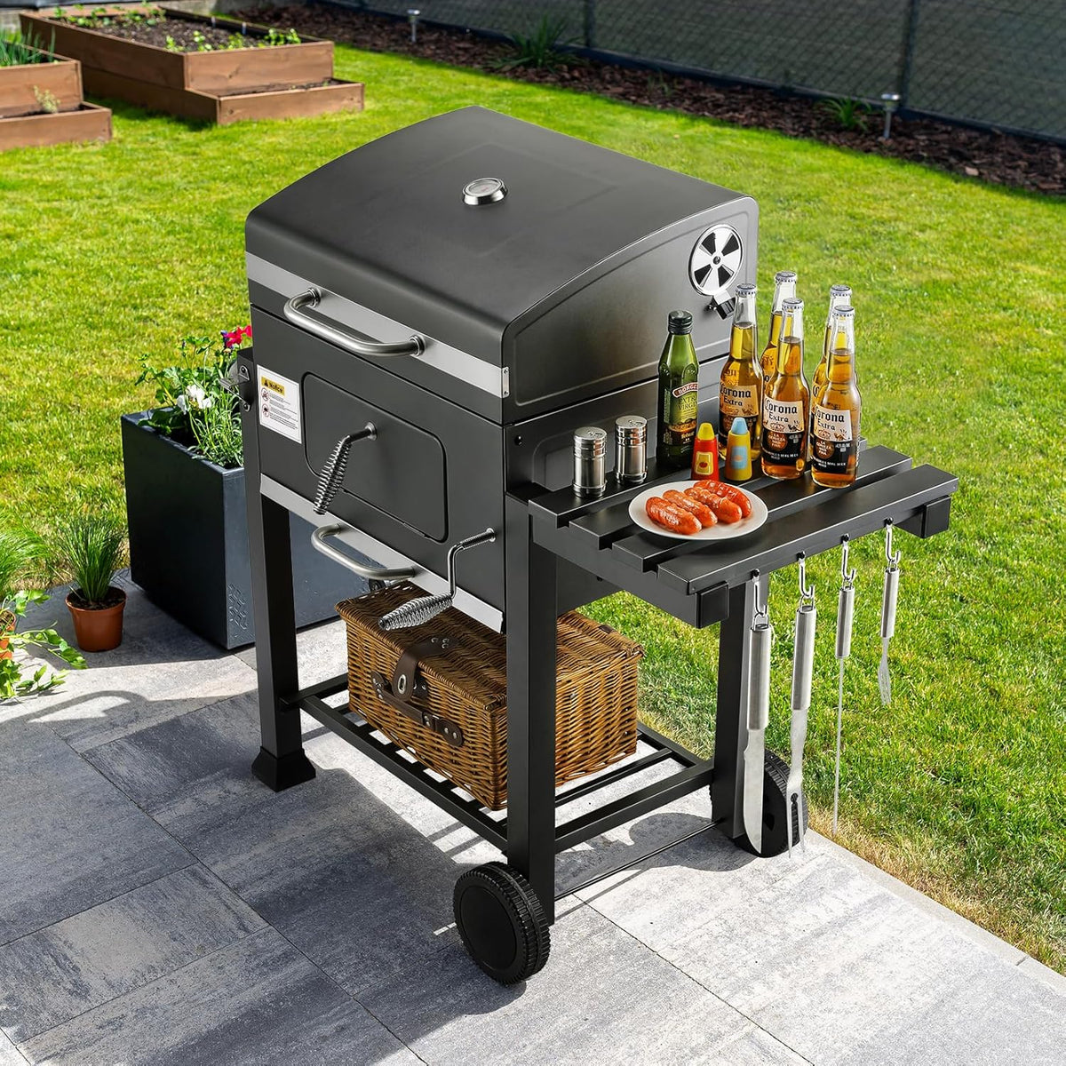 Barbecue Charbon de Bois XL, Chariot à Barbecue, Grill XL à Charbon avec Couvercle, Roues et Thermomètre, Réglable en Hauteur, Grand Barbecue au Ch...