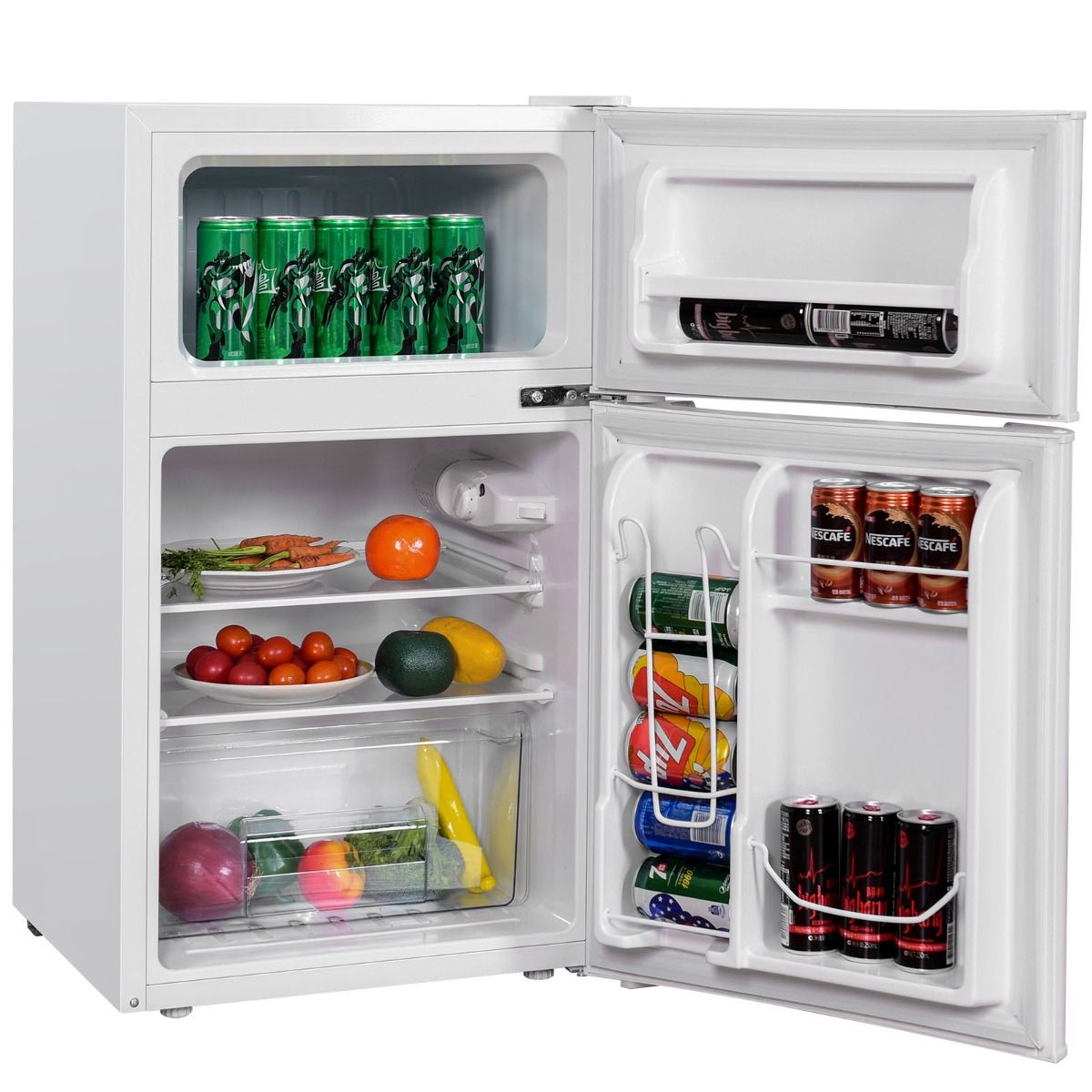 Réfrigérateur Compact Mini-réfrigérateur 90 L Congélateur Séparé avec Design à 2 Portes Lumière LED Grand Angle Blanc