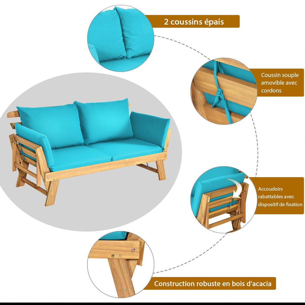 Chaise Longue Convertible avec Coussin Canapé de Jardin 2 en 1 en Bois d’Acacia avec Accoudoir Réglable pour Patio Piscine Jardin Blanc/Gris/Bleu/R...