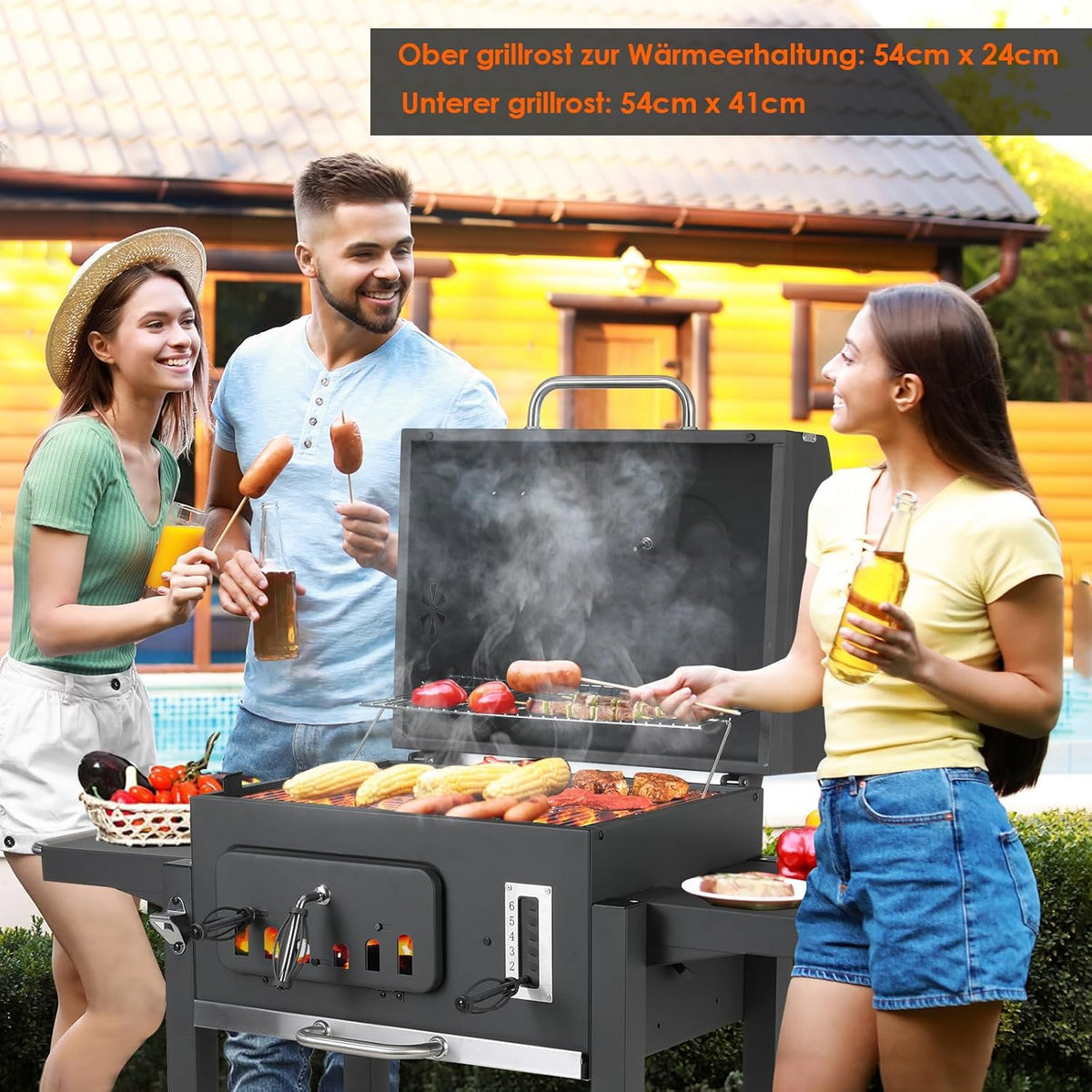 Barbecue Charbon de Bois XL, Chariot à Barbecue, Grill XL à Charbon avec Couvercle, Roues et Thermomètre, Réglable en Hauteur, Grand Barbecue au Ch...