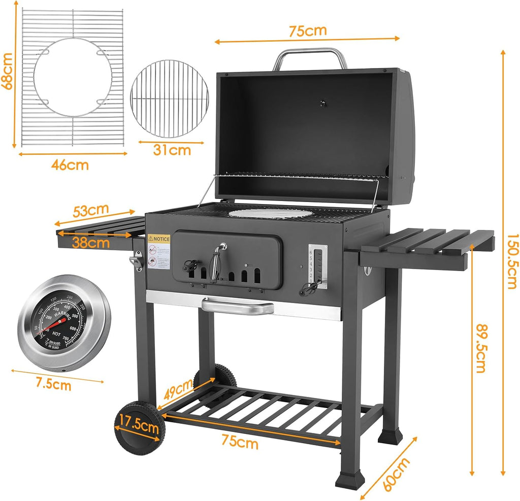 Barbecue Charbon de Bois XL, Chariot à Barbecue, Grill XL à Charbon avec Couvercle, Roues et Thermomètre, Réglable en Hauteur, Grand Barbecue au Ch...