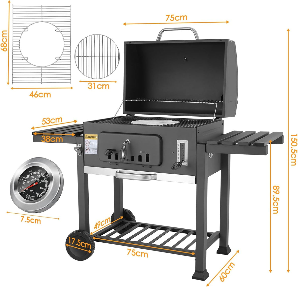 Barbecue Charbon de Bois XL, Chariot à Barbecue, Grill XL à Charbon avec Couvercle, Roues et Thermomètre, Réglable en Hauteur, Grand Barbecue au Ch...