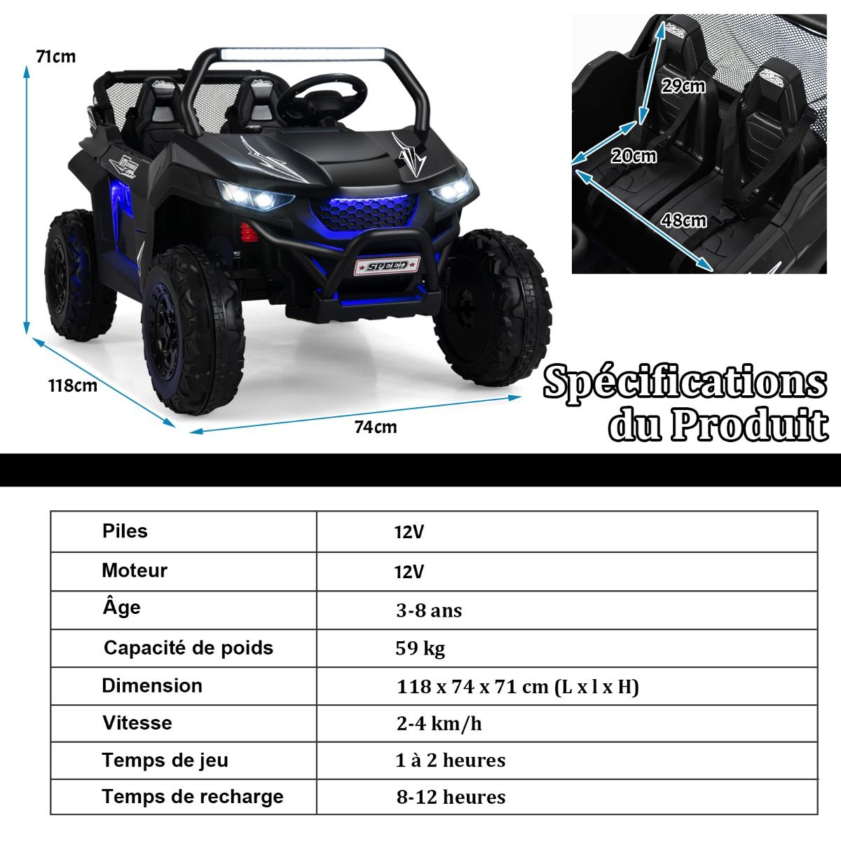 Voiture électrique Enfant 12 V Télécommande pour 3-8 Ans 2 Vitesses Ressort de Suspension Charge 59KG 118x74x71CM Noir/Rose/Rouge