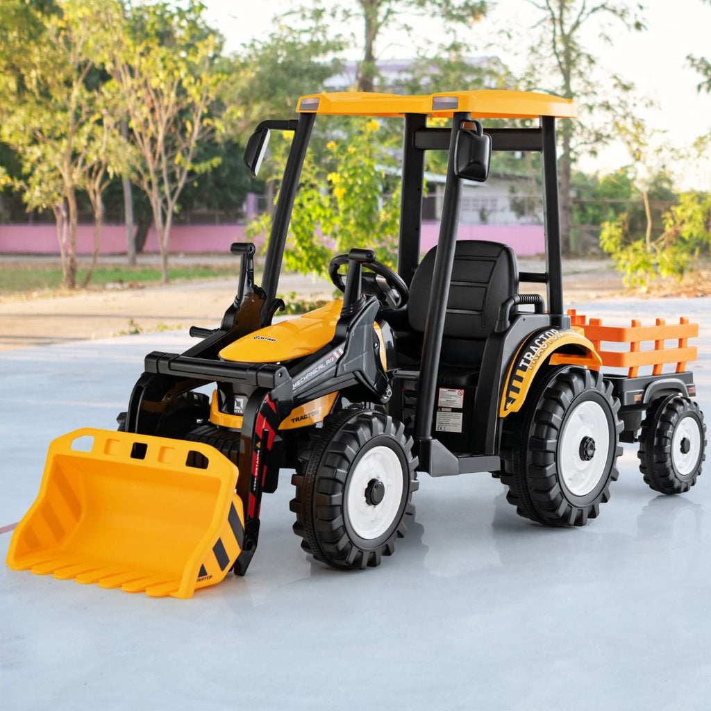 12V Tracteur Électrique Enfants avec Pelle&Remorque Amovible Véhicule Électrique à 6 Roues avec Télécommande & Musique 3-6 km/h pour 3-8 Ans Jaune/...