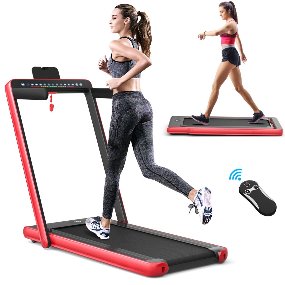 Tapis de Course Pliable 0,75HP Double Affichage LED APP et Télécommande Vitesse Motorisé 12 km/h Surface 40x100cm Rouge