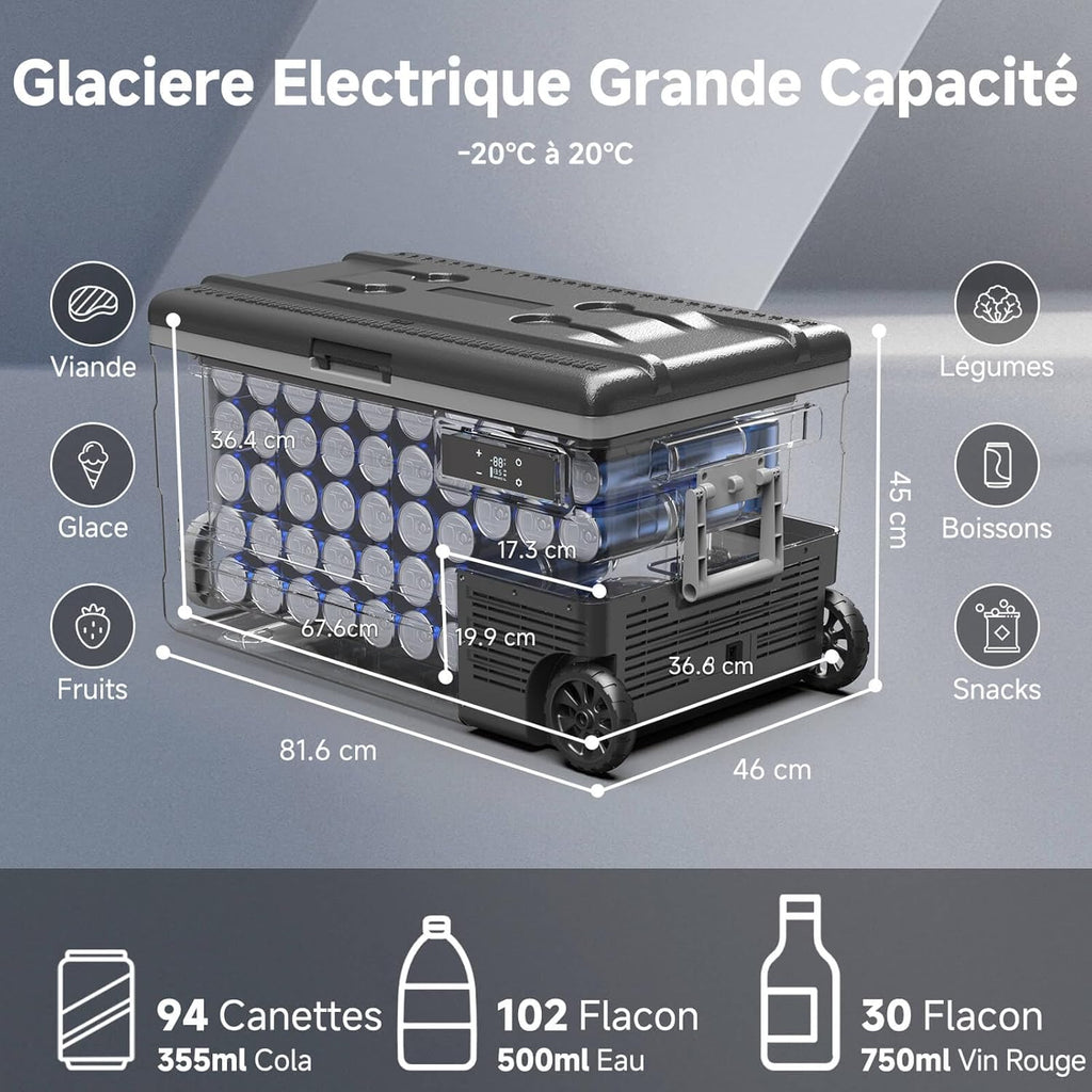 AAOBOSI 45L Glacière à Compresseur, Glaciere Électrique -20℃ à 20℃, Frigo Camion APP&Bouton Contrôle, 12/24V DC et 100-240V AC Glaciere Camping Pou...