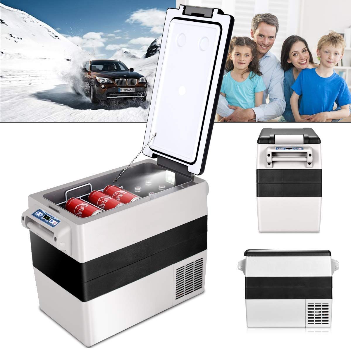 Réfrigérateur 52l de Voiture -20℃/+10℃ Mini Réfrigérateur Portable Ecran Lcd Adaptateur 69x34,5x52,5cm Noir+Gris
