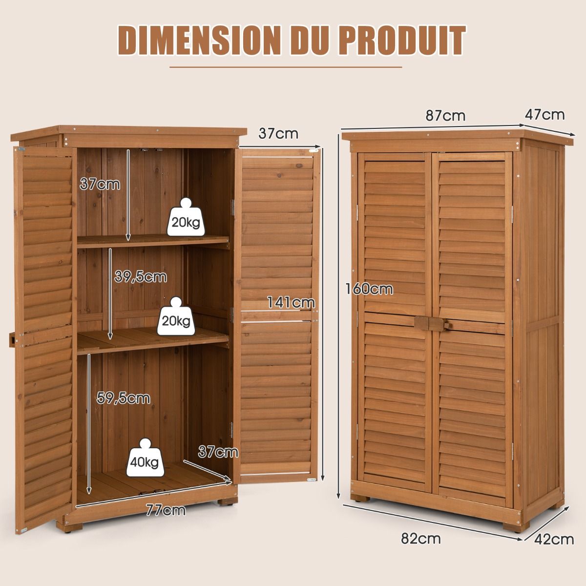 Abri de Jardin En Bois 160 Cm Toit en Asphalte 2 Portes Verrouillables avec Loquet Armoire Cabane en Sapin Pré-Huilé Imperméable 3 Étagères Amovibl...