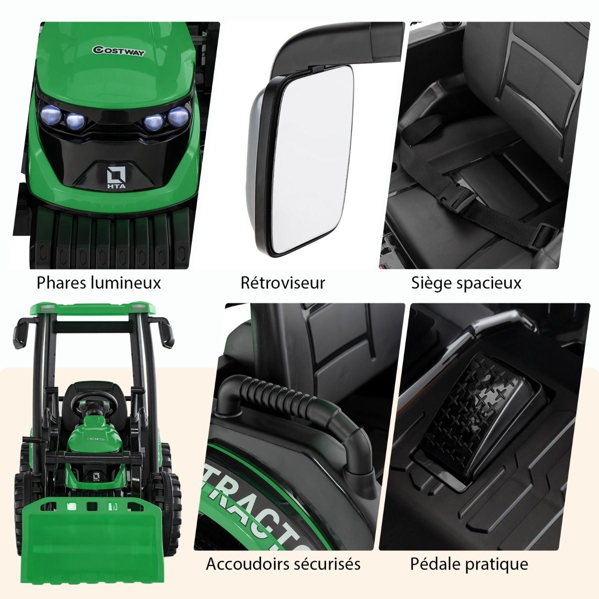 12V Tracteur Électrique Enfants avec Pelle&Remorque Amovible Véhicule Électrique à 6 Roues avec Télécommande & Musique 3-6 km/h pour 3-8 Ans Jaune/...