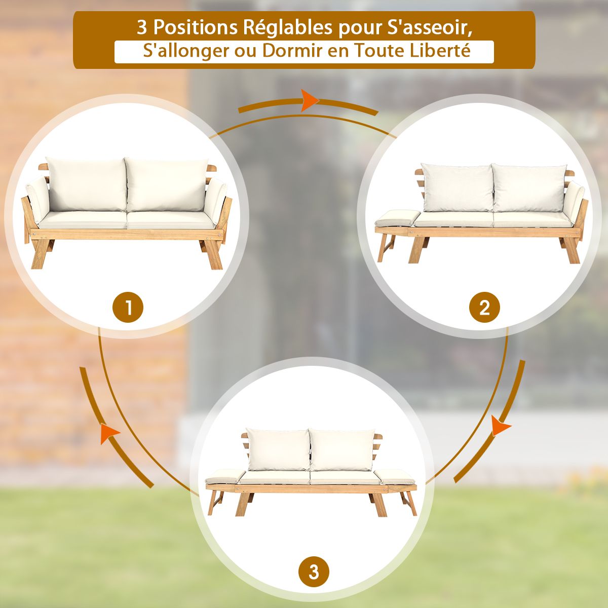 Chaise Longue Convertible avec Coussin Canapé de Jardin 2 en 1 en Bois d’Acacia avec Accoudoir Réglable pour Patio Piscine Jardin Blanc/Gris/Bleu/R...
