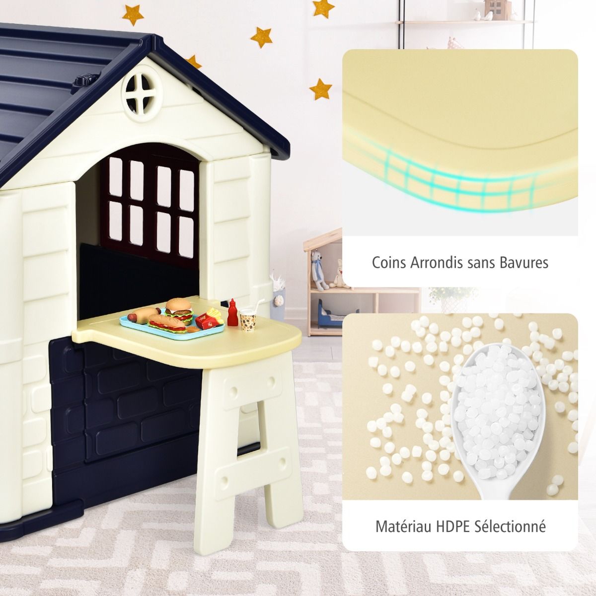 Maison Chef House -Thème Burger Bar - Table de Pique Nique Cabane de Jardin Anti-UV en Plastique 164x124x132 cm Bleu/Rose/Jaune