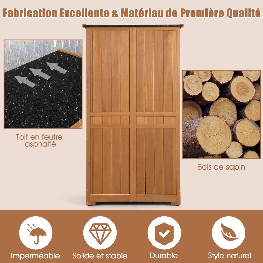 Abri de Jardin En Bois 160 Cm Toit en Asphalte 2 Portes Verrouillables avec Loquet Armoire Cabane en Sapin Pré-Huilé Imperméable 3 Étagères Amovibl...