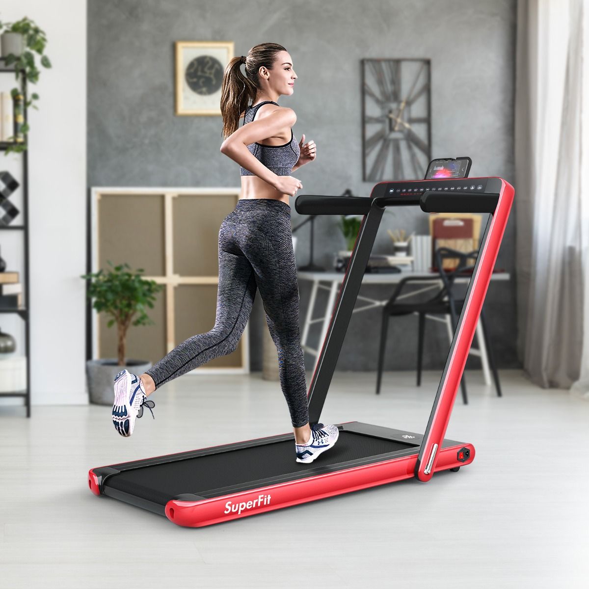 Tapis de Course Pliable 0,75HP Double Affichage LED APP et Télécommande Vitesse Motorisé 12 km/h Surface 40x100cm Rouge
