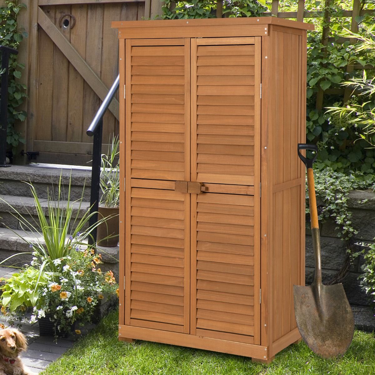 Abri de Jardin En Bois 160 Cm Toit en Asphalte 2 Portes Verrouillables avec Loquet Armoire Cabane en Sapin Pré-Huilé Imperméable 3 Étagères Amovibl...