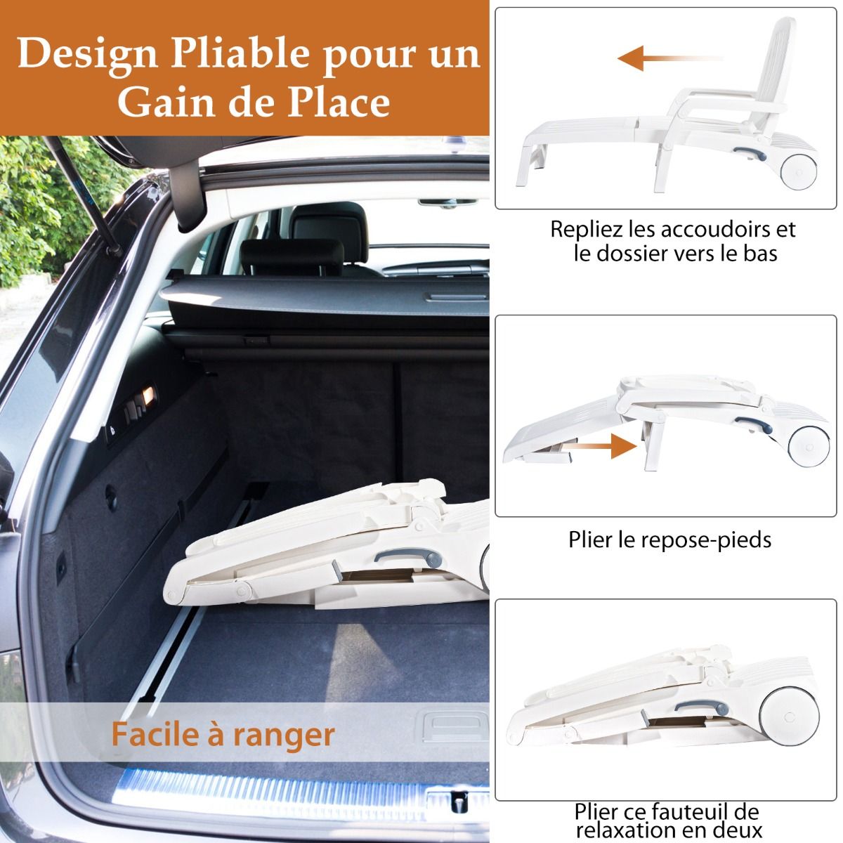 Chaise Longue Inclinable Réglable à 5 Positions avec Roues Flexibles Fauteuil Relax de Camping avec Boîte de Rangement Charge 150KG Blanc