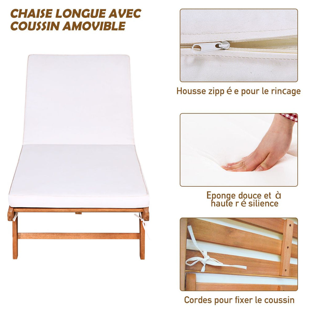 Chaise Longue Pliable en Bois avec 2 Roues et un Coussin Amovible Dossier Réglable Capacité Portante 160KG Idéal pour L’extérieur