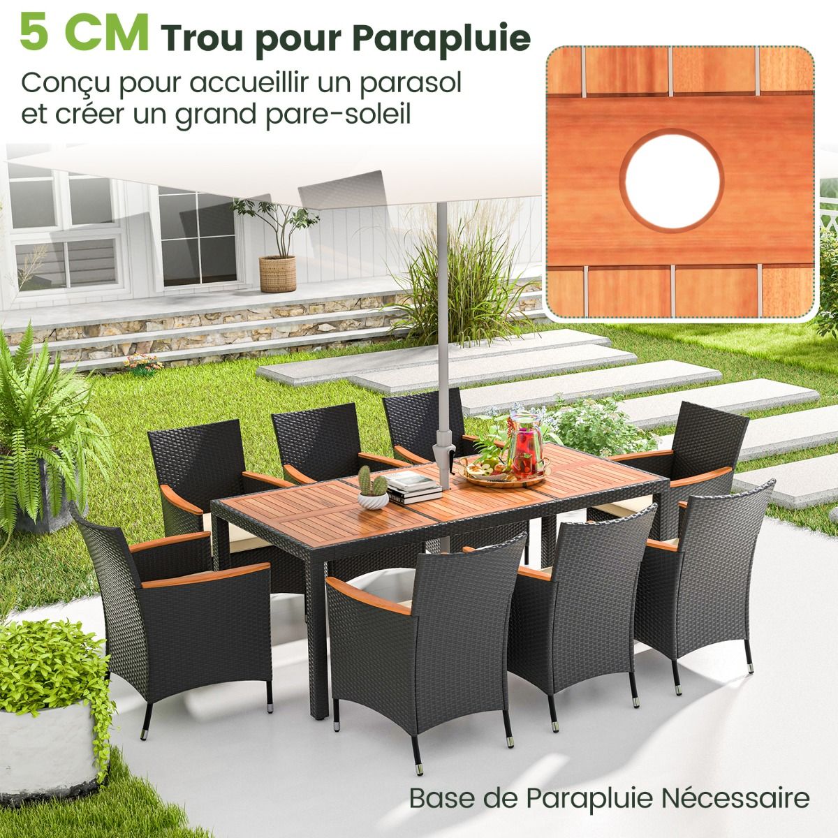 Salon de Jardin en Rotin 9 Pièces Plateau de Table en Acacia Ensemble de Salle à Manger avec Coussins Amovibles Trou Charge 180KG Beige+Noir