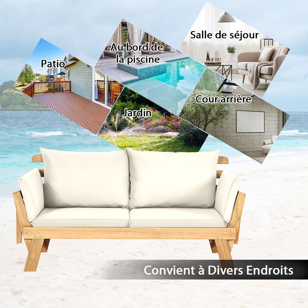Chaise Longue Convertible avec Coussin Canapé de Jardin 2 en 1 en Bois d’Acacia avec Accoudoir Réglable pour Patio Piscine Jardin Blanc/Gris/Bleu/R...
