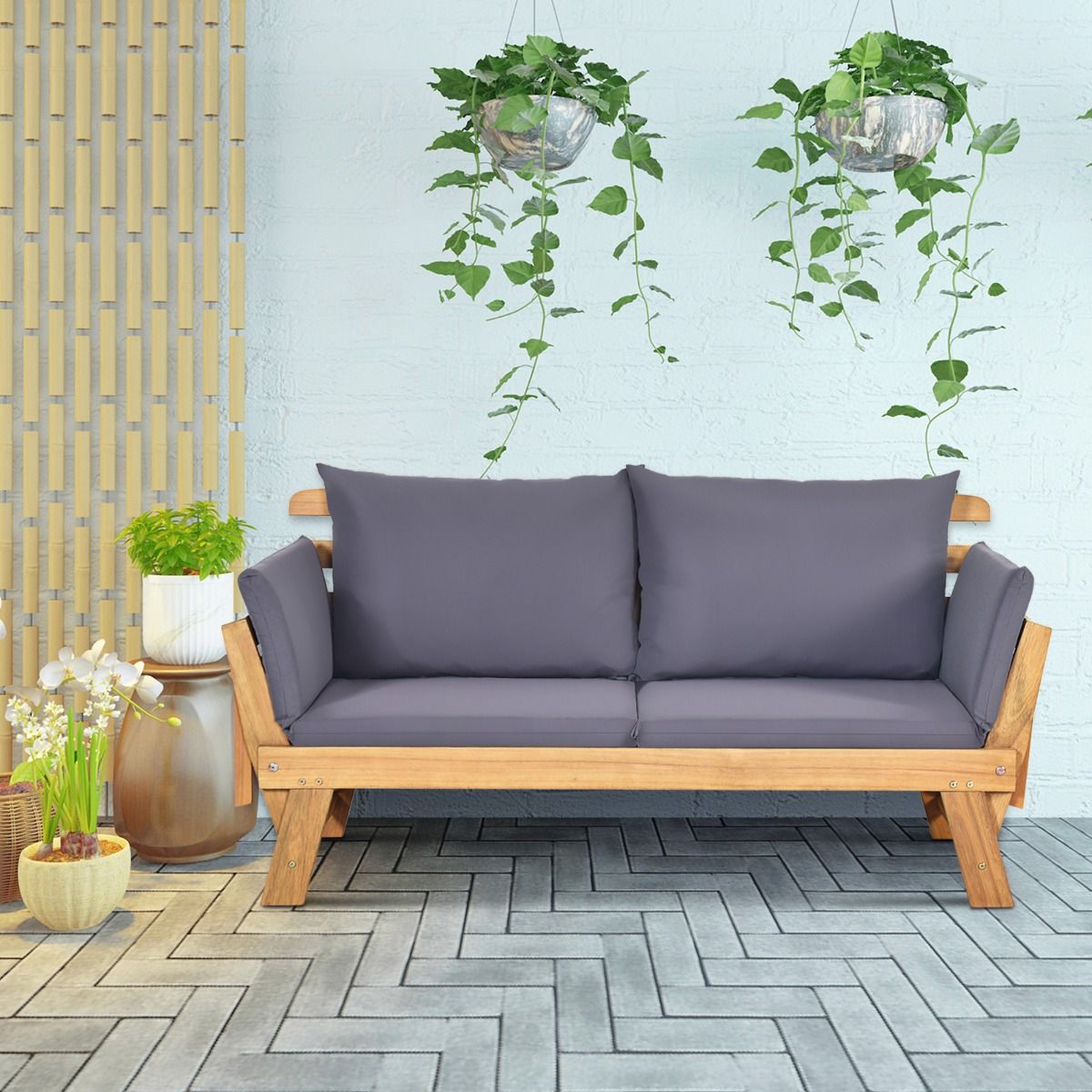 Chaise Longue Convertible avec Coussin Canapé de Jardin 2 en 1 en Bois d’Acacia avec Accoudoir Réglable pour Patio Piscine Jardin Blanc/Gris/Bleu/R...
