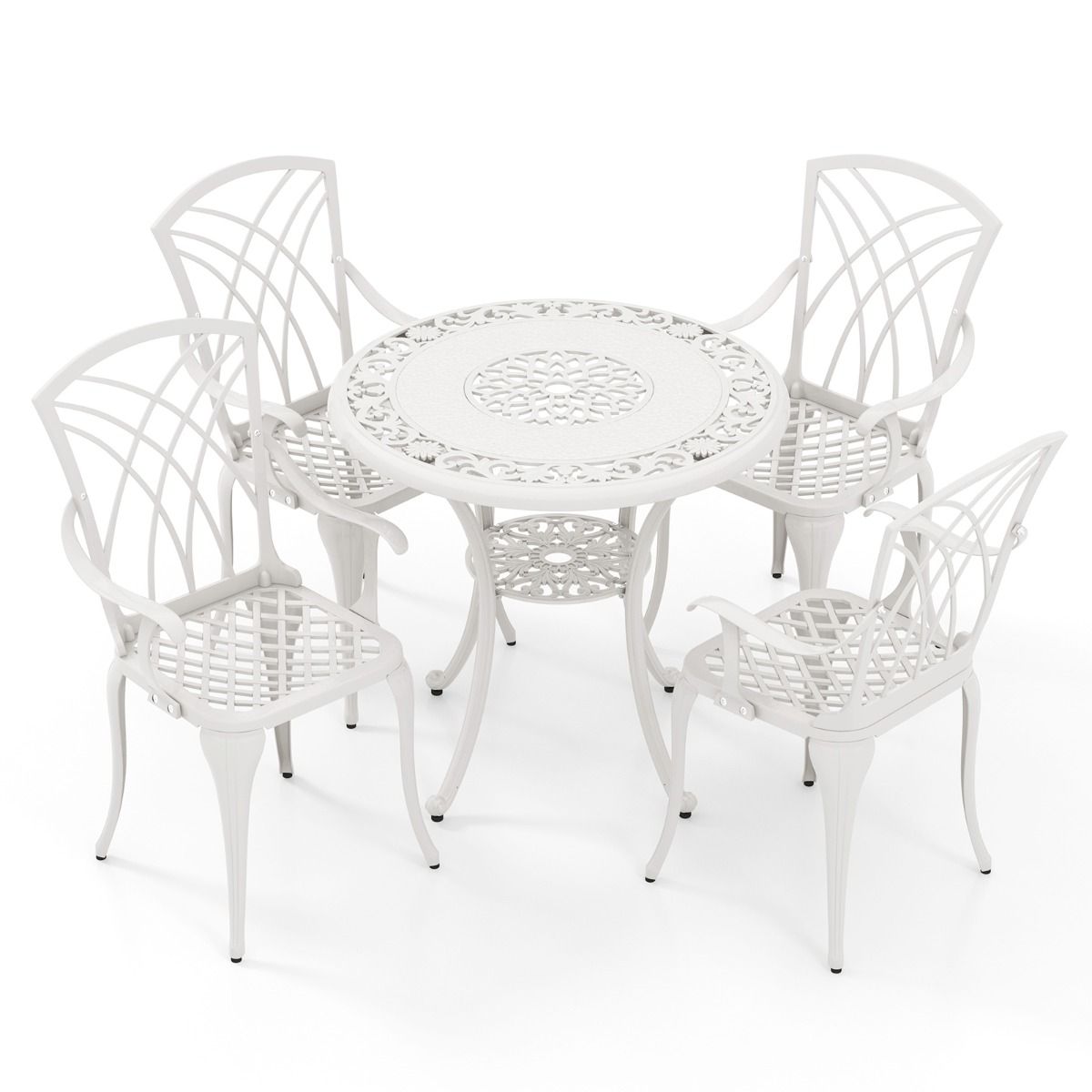 5 Pcs Salon de Jardin en Fonte d'Aluminium Trou pour Parasol Repose-pieds Réglables Ensemble de Table Ronde et 4 Chaises Blanc