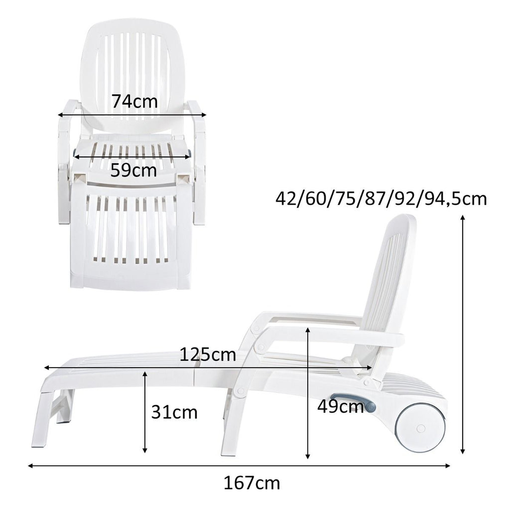 Chaise Longue Inclinable Réglable à 5 Positions avec Roues Flexibles Fauteuil Relax de Camping avec Boîte de Rangement Charge 150KG Blanc