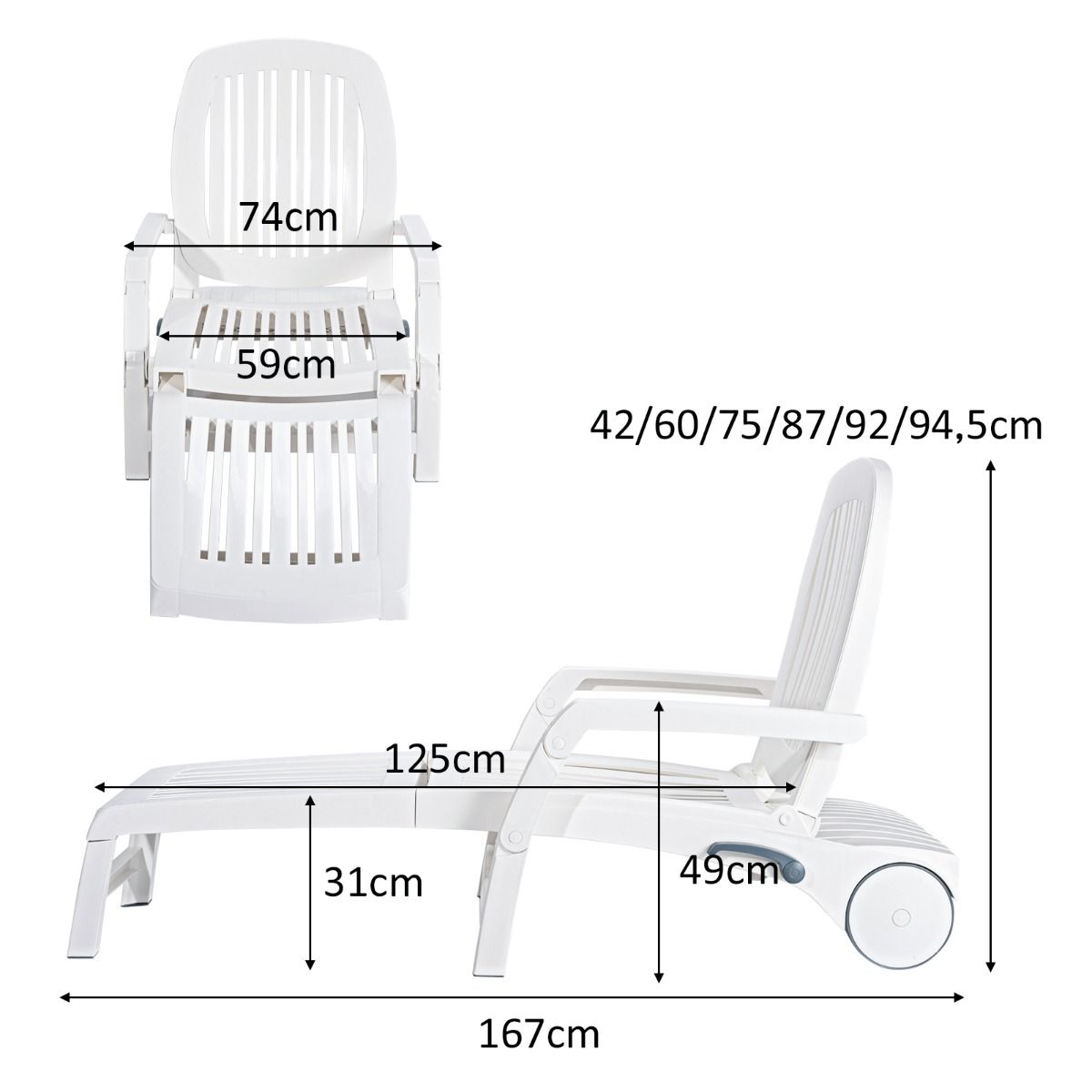 Chaise Longue Inclinable Réglable à 5 Positions avec Roues Flexibles Fauteuil Relax de Camping avec Boîte de Rangement Charge 150KG Blanc