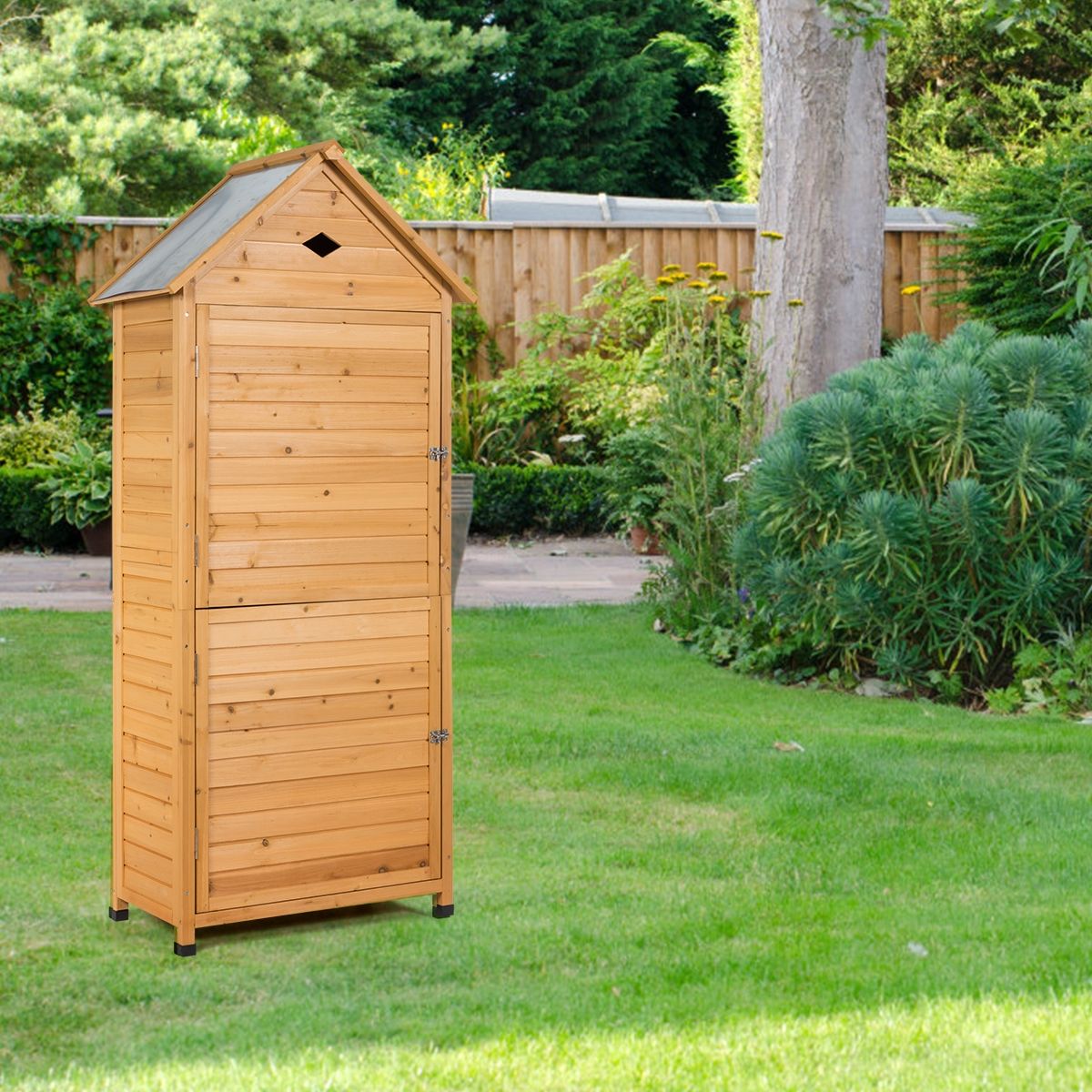 Abri de Jardin Extérieur à 5 Etagères Cabane Verrouillable en Bois de Sapin Toit en Tôle Galvanisée