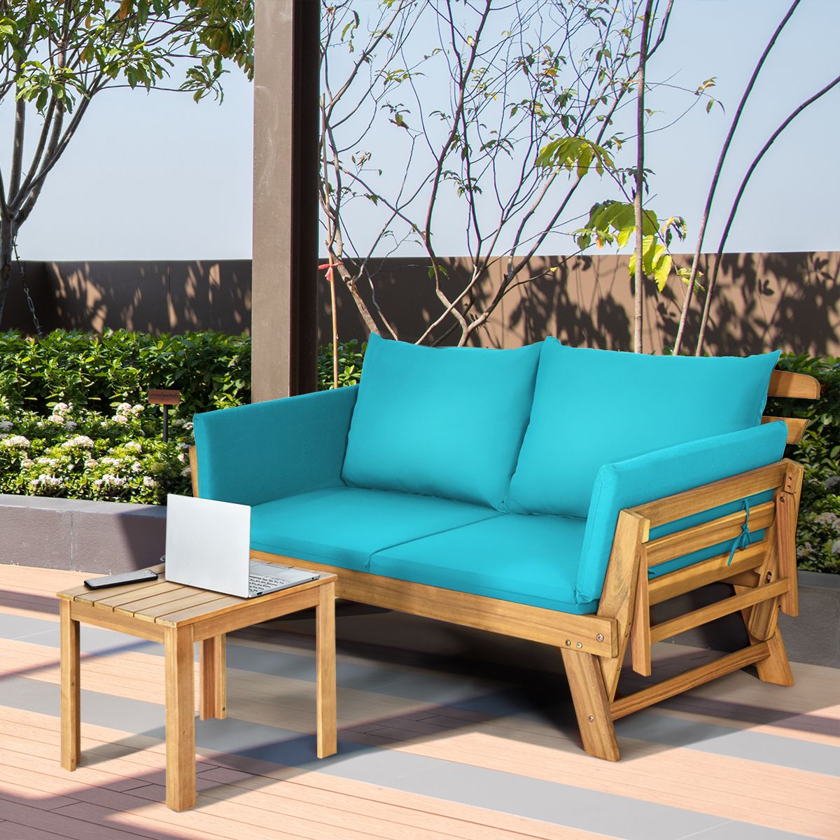 Chaise Longue Convertible avec Coussin Canapé de Jardin 2 en 1 en Bois d’Acacia avec Accoudoir Réglable pour Patio Piscine Jardin Blanc/Gris/Bleu/R...