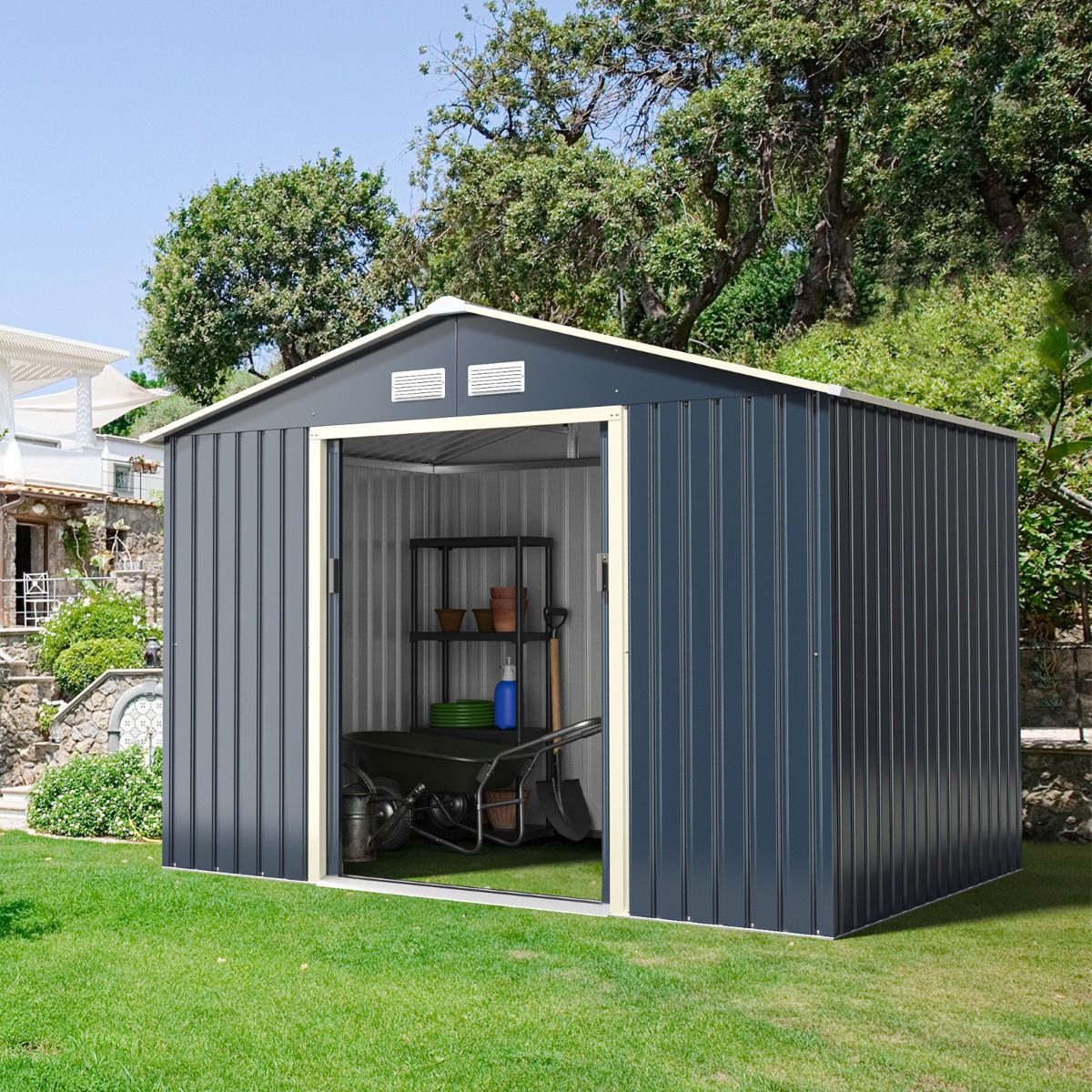 Abri de Jardin en Métal 5,29 ㎡277 x 191 x 202 cm avec 2 Portes Coulissantes Verrouillables 4 Trous d’Aération Gris pour Vélo