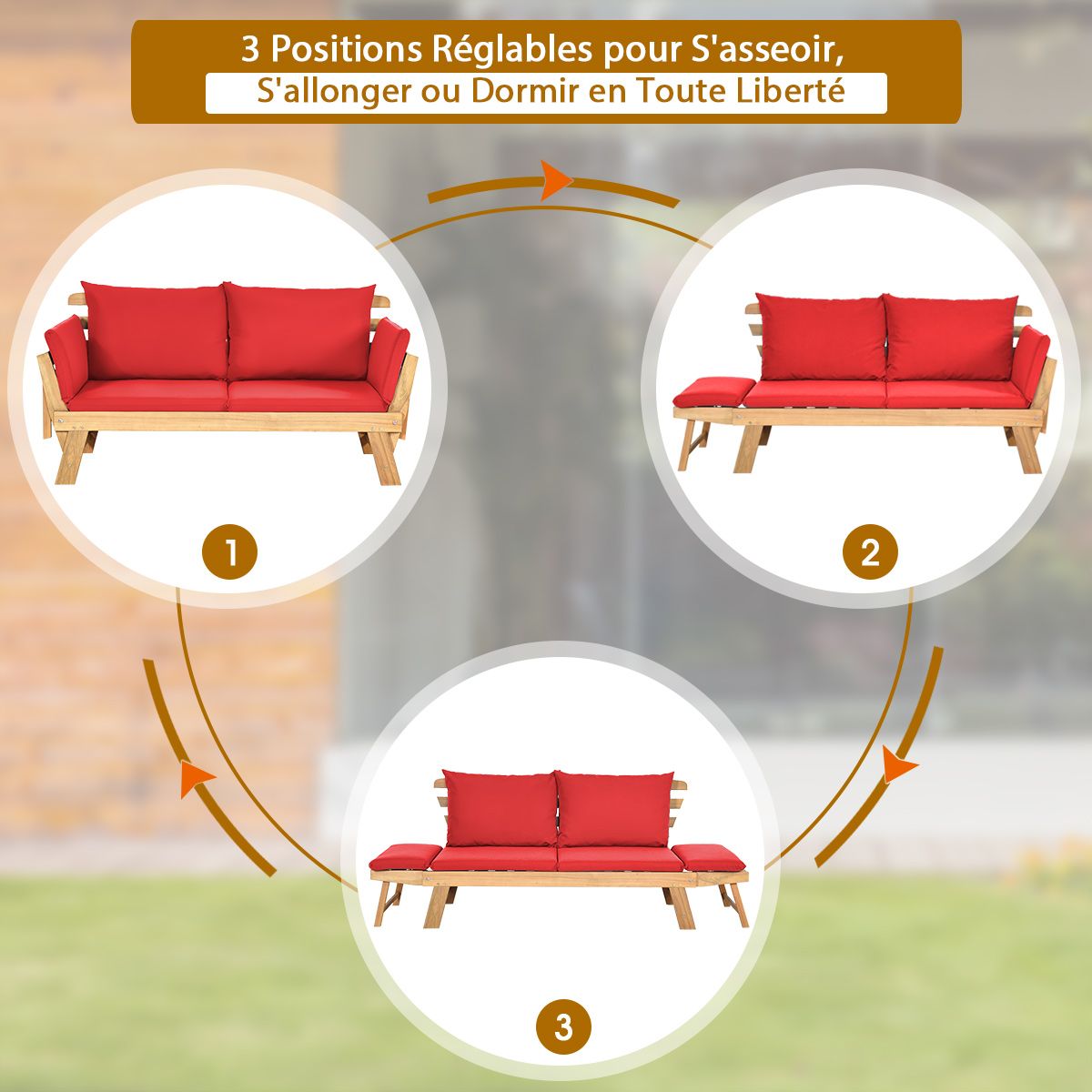 Chaise Longue Convertible avec Coussin Canapé de Jardin 2 en 1 en Bois d’Acacia avec Accoudoir Réglable pour Patio Piscine Jardin Blanc/Gris/Bleu/R...