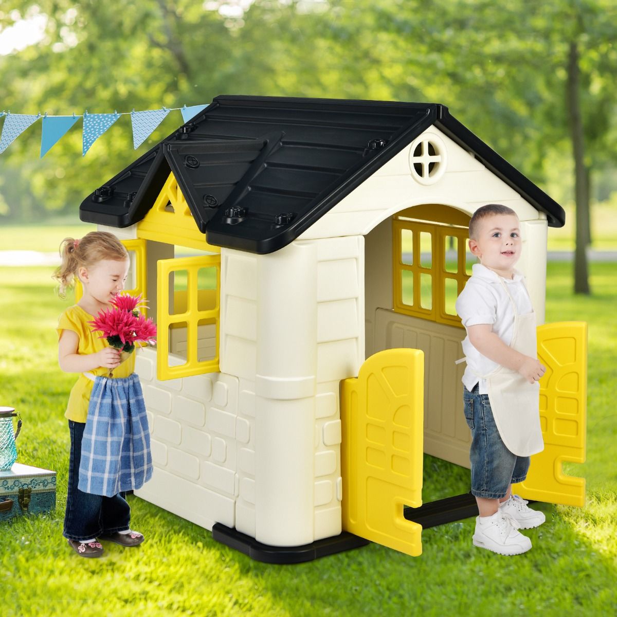 Maison Chef House -Thème Burger Bar - Table de Pique Nique Cabane de Jardin Anti-UV en Plastique 164x124x132 cm Bleu/Rose/Jaune