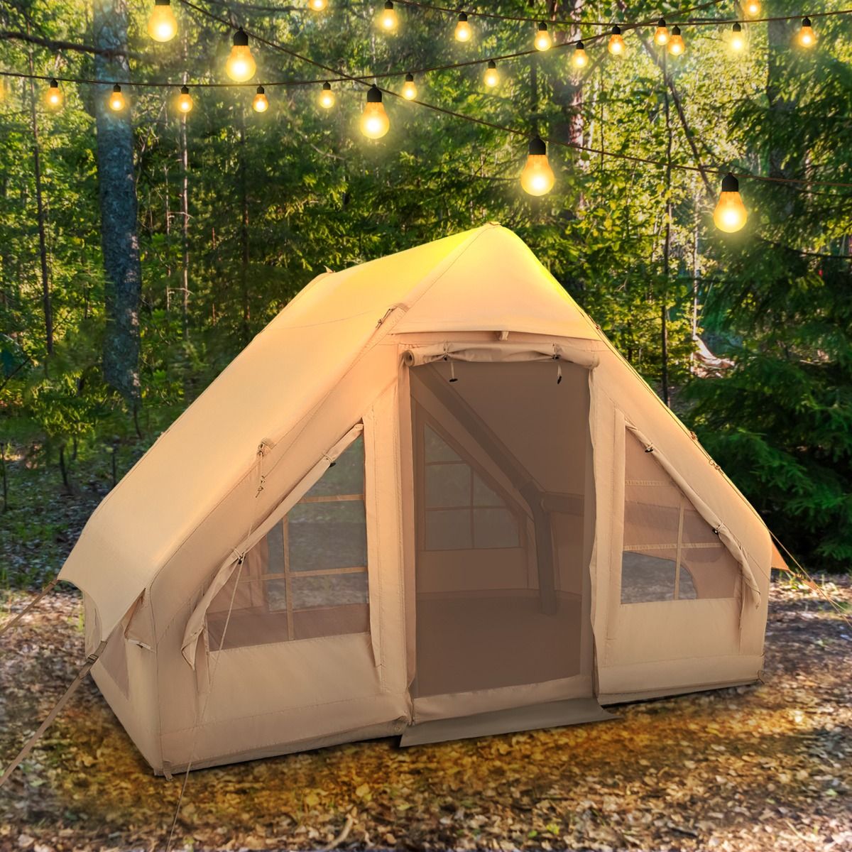 Tente de Camping Gonflable 6 m² pour 4-6 Personnes Tente en Coton Coupe-vent et Imperméable avec Pompe 7 Fenêtres à Moustiquaire Beige
