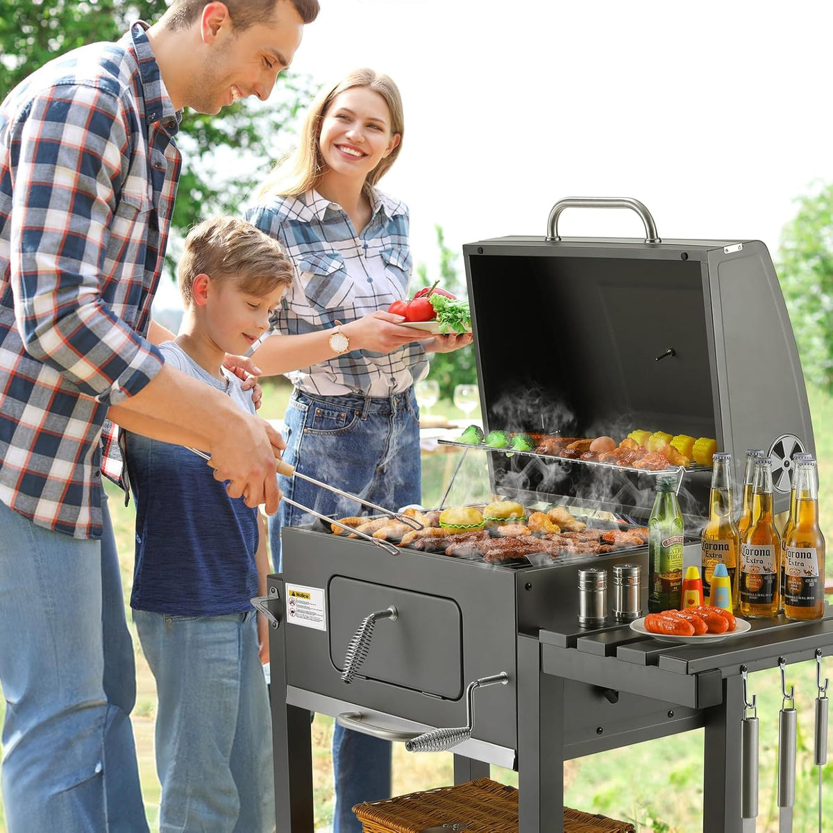 Barbecue Charbon de Bois XL, Chariot à Barbecue, Grill XL à Charbon avec Couvercle, Roues et Thermomètre, Réglable en Hauteur, Grand Barbecue au Ch...