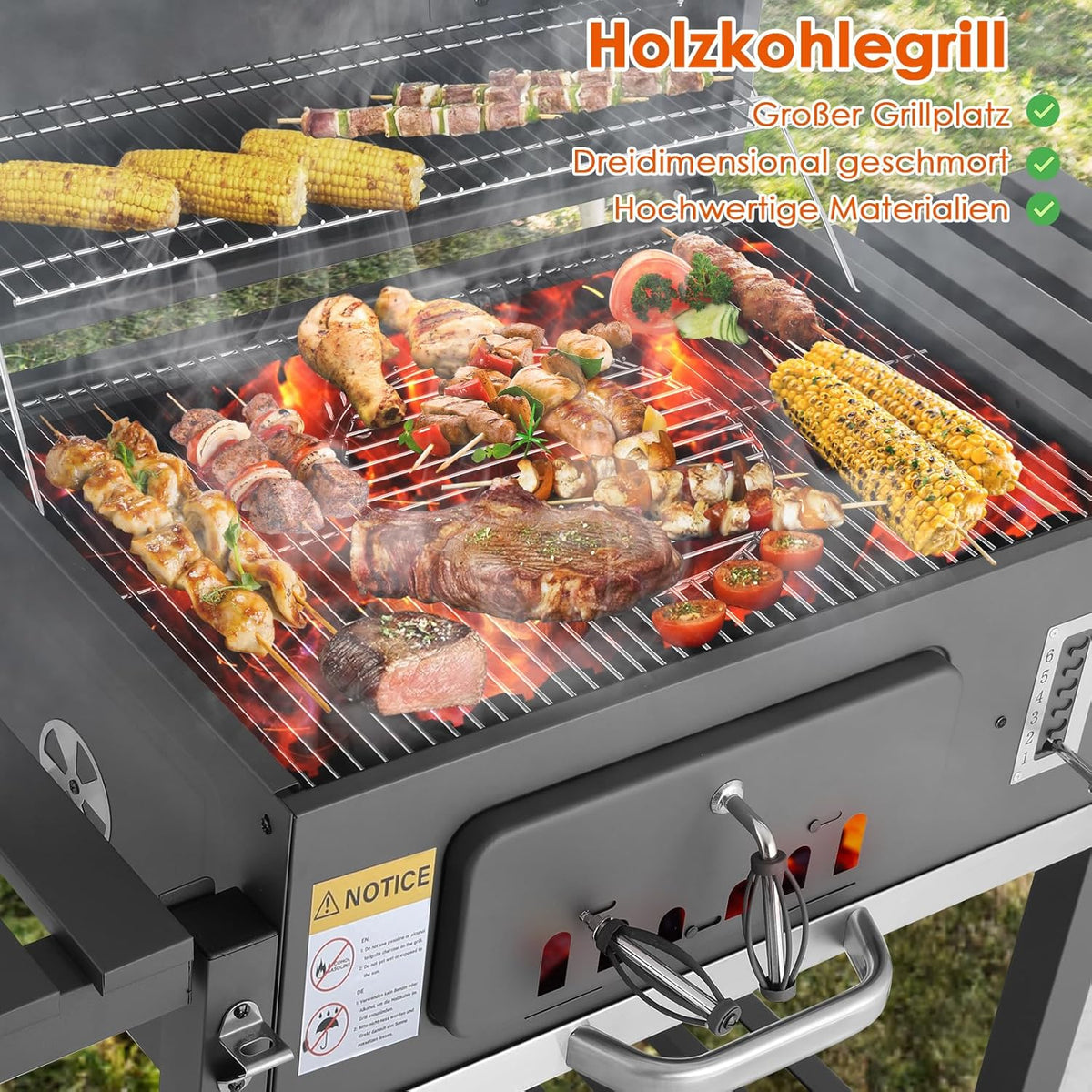 Barbecue Charbon de Bois XL, Chariot à Barbecue, Grill XL à Charbon avec Couvercle, Roues et Thermomètre, Réglable en Hauteur, Grand Barbecue au Ch...