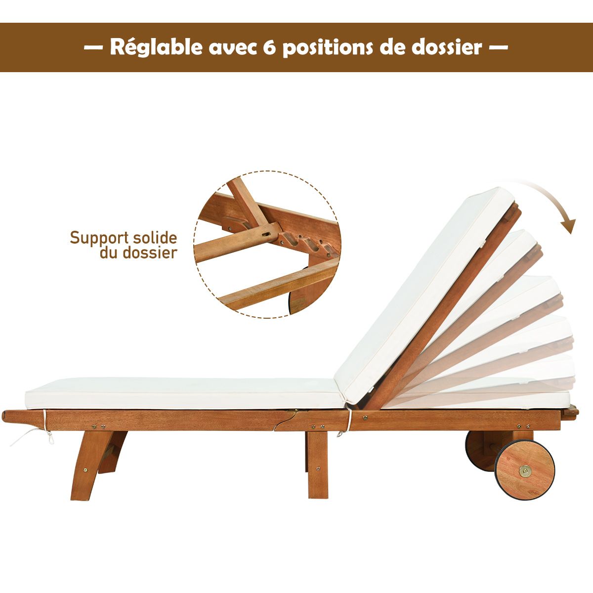 Chaise Longue Pliable en Bois avec 2 Roues et un Coussin Amovible Dossier Réglable Capacité Portante 160KG Idéal pour L’extérieur