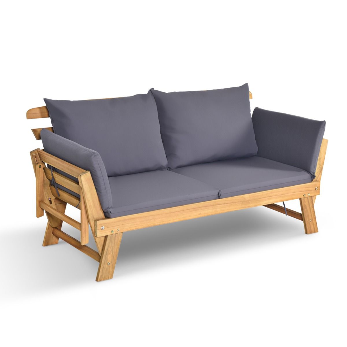 Chaise Longue Convertible avec Coussin Canapé de Jardin 2 en 1 en Bois d’Acacia avec Accoudoir Réglable pour Patio Piscine Jardin Blanc/Gris/Bleu/R...