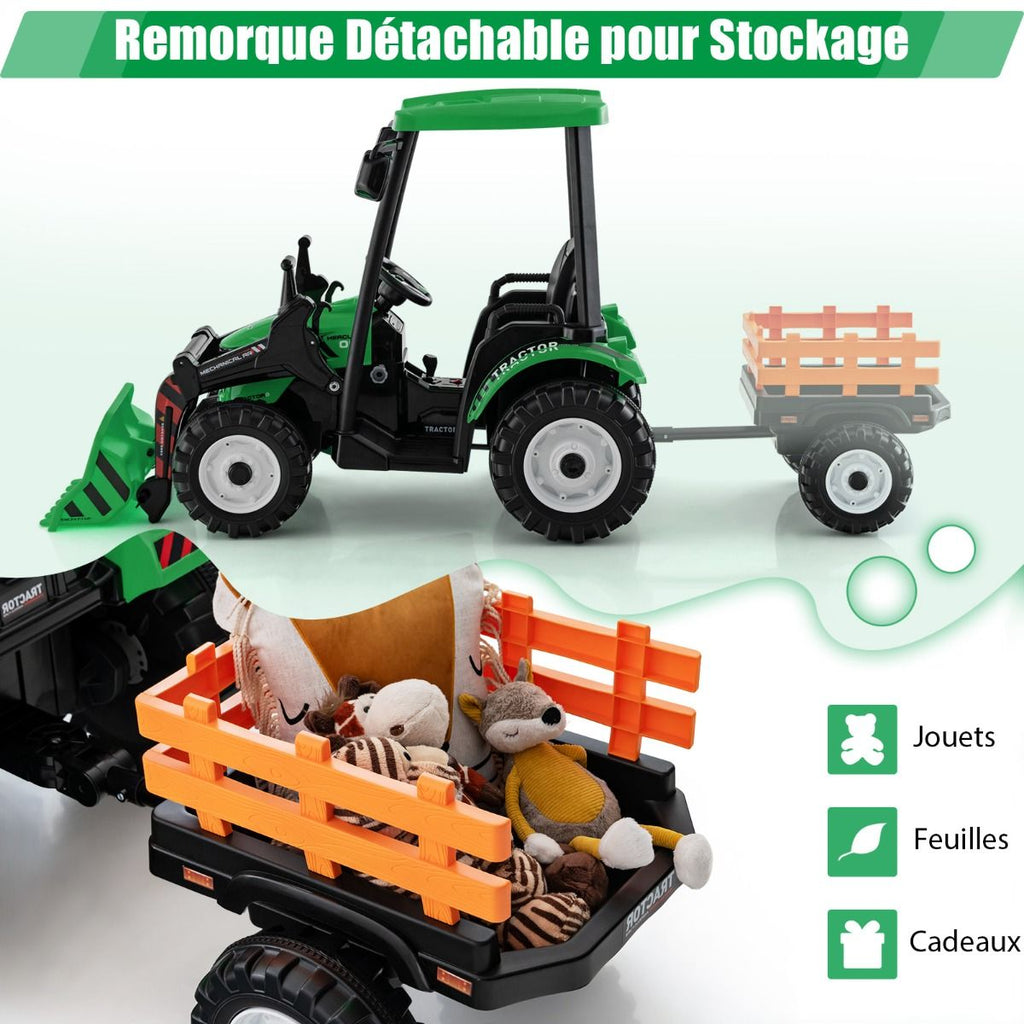 12V Tracteur Électrique Enfants avec Pelle&Remorque Amovible Véhicule Électrique à 6 Roues avec Télécommande & Musique 3-6 km/h pour 3-8 Ans Jaune/...