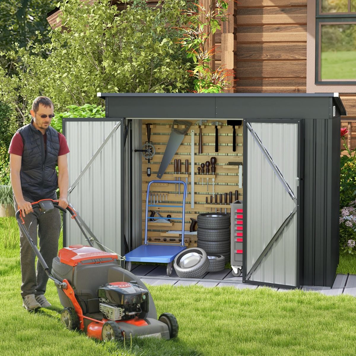 Abri de Jardin Extérieur Abri à Outils de Jardin avec 2 Portes Design Incliné Aérations Cadre en Métal Galvanisé 235x117x185cm Gris Foncé