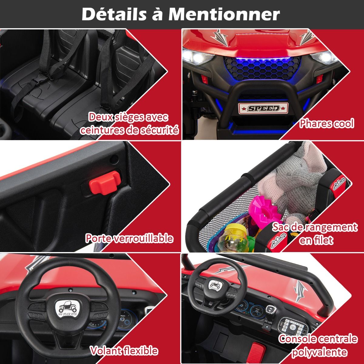 Voiture électrique Enfant 12 V Télécommande pour 3-8 Ans 2 Vitesses Ressort de Suspension Charge 59KG 118x74x71CM Noir/Rose/Rouge