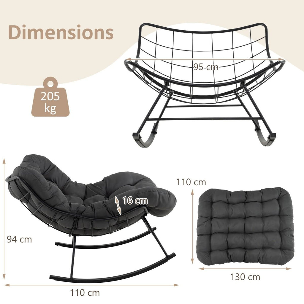 Chaise à Bascule d'Intérieur et d'Extérieur Chaise Papasan Surdimensionnée avec Coussin Rembourré & Cadre en Métal Capacité 205 Kg Gris