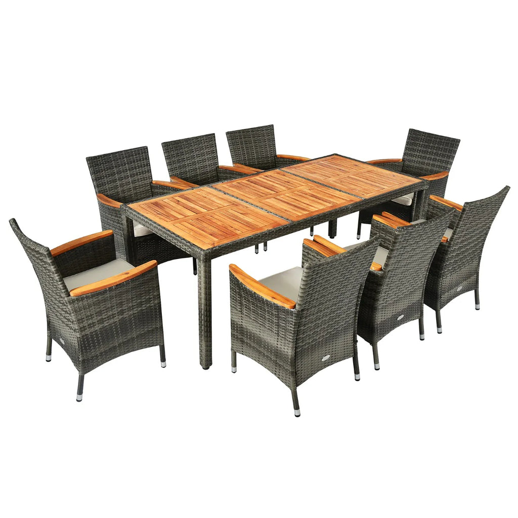 Salon de jardin avec 1 table et 8 chaises en bois et rotin anti-uv pieds réglables et coussins imperméables inclus 20_0009211