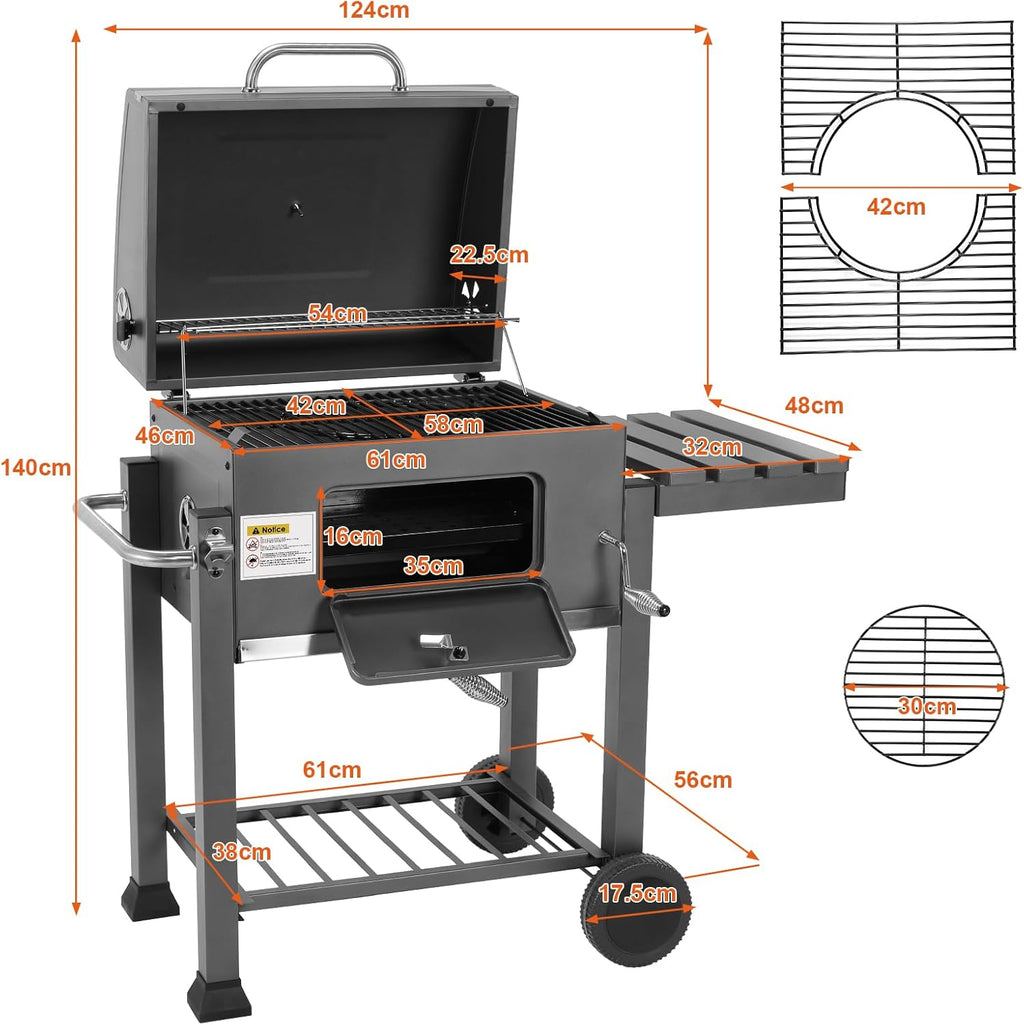 Barbecue Charbon de Bois XL, Chariot à Barbecue, Grill XL à Charbon avec Couvercle, Roues et Thermomètre, Réglable en Hauteur, Grand Barbecue au Ch...