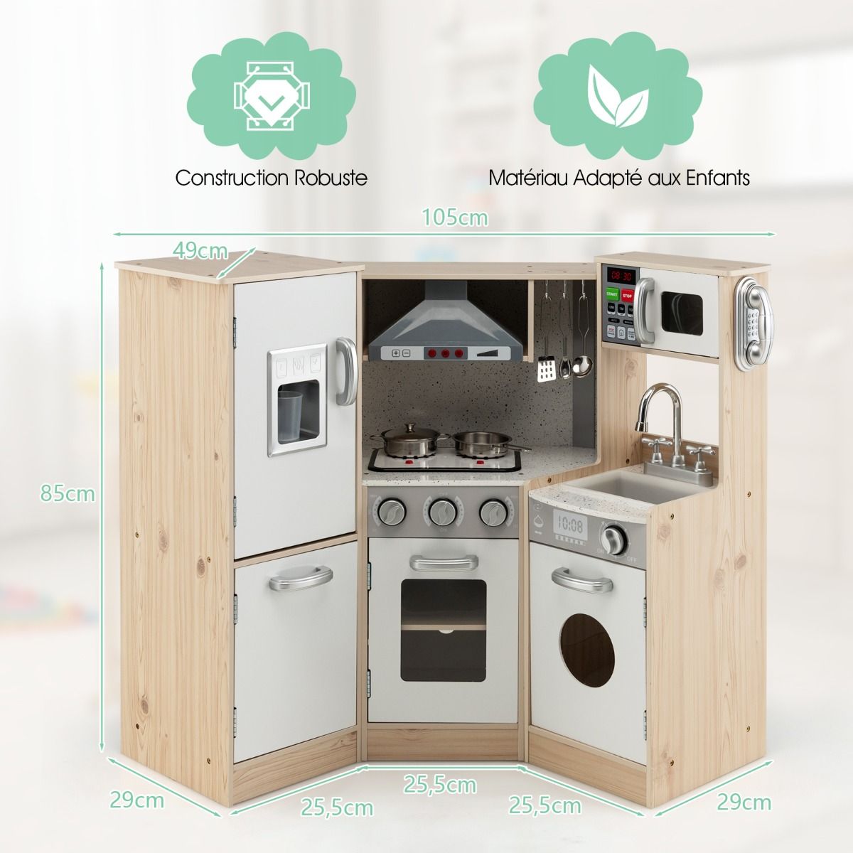 Cuisine Enfants en Bois XXL Angle 105 x 49 x 85 cm ( L x l x H ) Cuisine Complet avec Four Lave Linge 3 An+