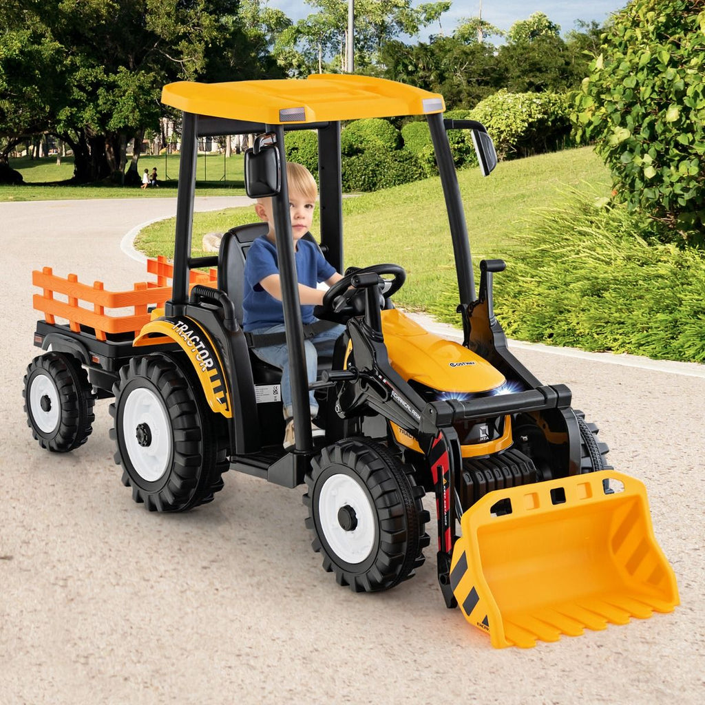 12V Tracteur Électrique Enfants avec Pelle&Remorque Amovible Véhicule Électrique à 6 Roues avec Télécommande & Musique 3-6 km/h pour 3-8 Ans Jaune/...