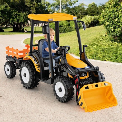 12V Tracteur Électrique Enfants avec Pelle&Remorque Amovible Véhicule Électrique à 6 Roues avec Télécommande & Musique 3-6 km/h pour 3-8 Ans Jaune/...