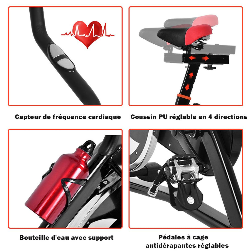 Vélo D’appartement Vélo Silencieux avec Courroie et Roue D’inertie en Fer de 10kg Guidon et Selle Ajustable Noir + Rouge