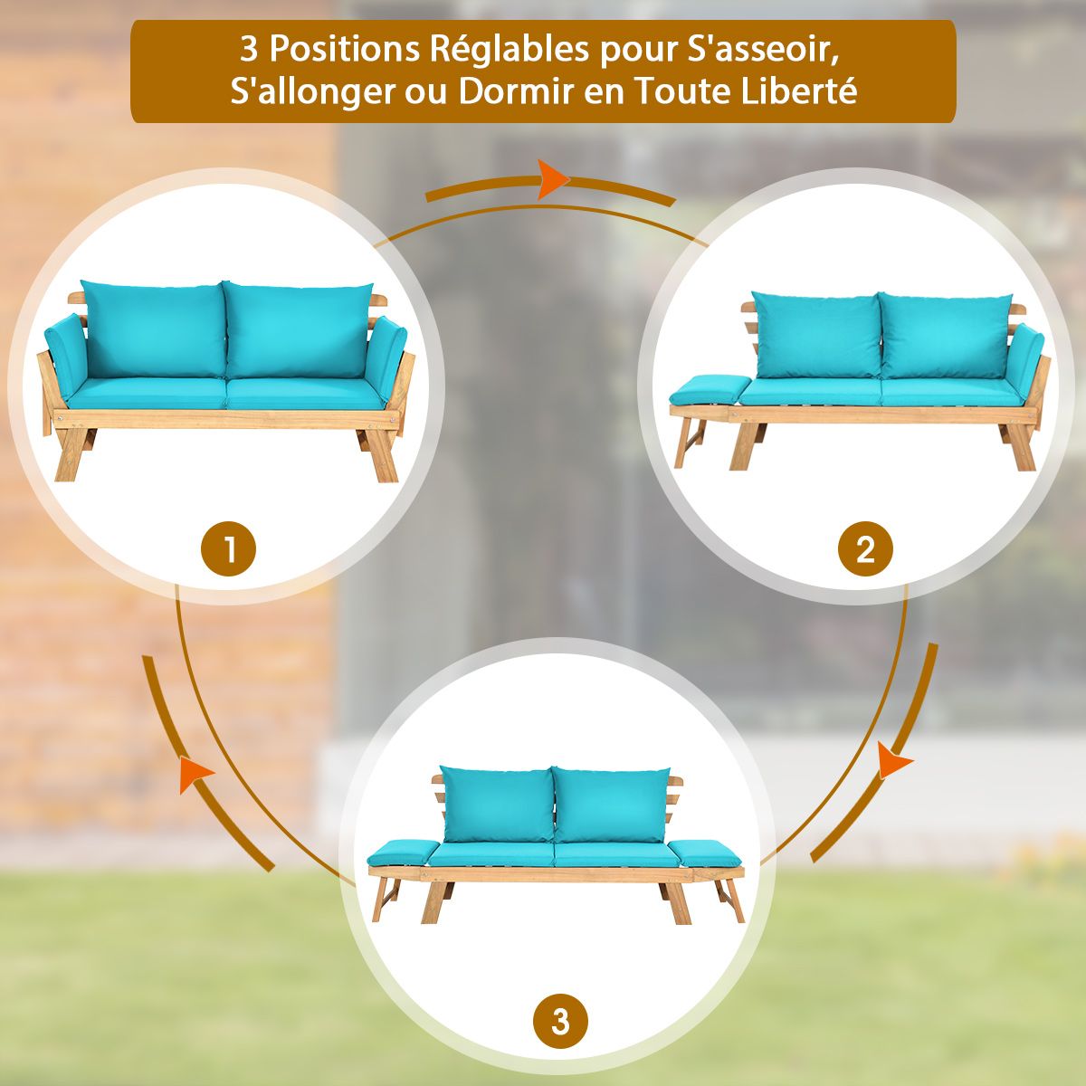 Chaise Longue Convertible avec Coussin Canapé de Jardin 2 en 1 en Bois d’Acacia avec Accoudoir Réglable pour Patio Piscine Jardin Blanc/Gris/Bleu/R...