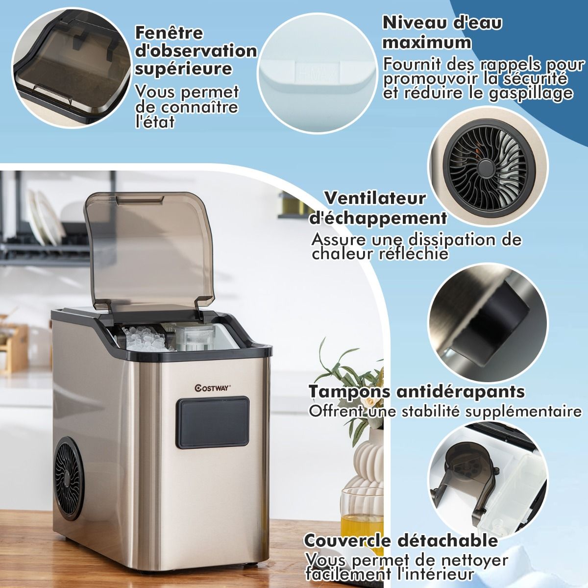 Machine à Glaçons 24kg en 24h Panneau de Contrôle Tactile LED