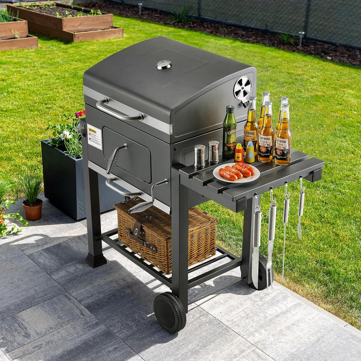 Barbecue Charbon de Bois XL, Chariot à Barbecue, Grill XL à Charbon avec Couvercle, Roues et Thermomètre, Réglable en Hauteur, Grand Barbecue au Ch...